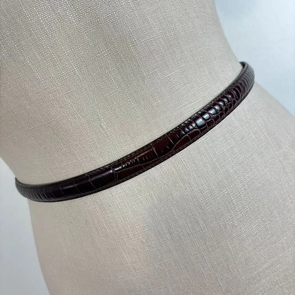 Tanner Italian Leather Crocodile Embossed Slim Cinch Belt Med Brown Adjustable